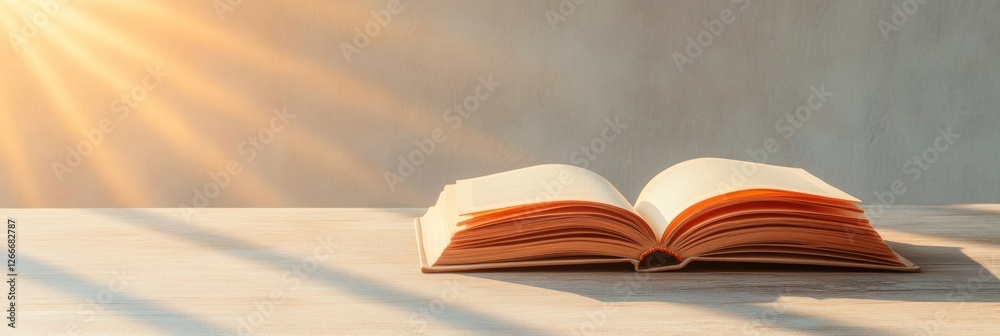 Leinwandbilder sunlit minimalist library setup open book on textured wood - enhancing study environments and inspir