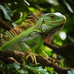 A vibrant tropical iguana, blending into its lush environment with its green camouflage and beautiful long tail.