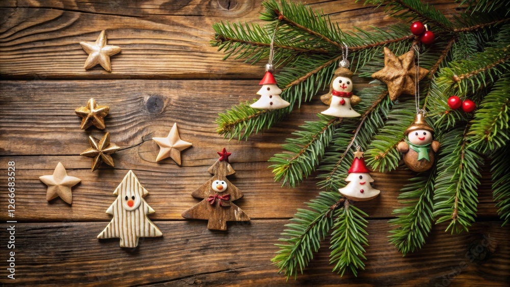 Poster rustic wooden background featuring festive christmas tree branch adorned with charming handcrafted o