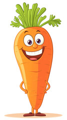 Cartoon style, anthropomorphic carrot, bright orange, cartoon big eyes, round nose, wide friendly smile, transparent background