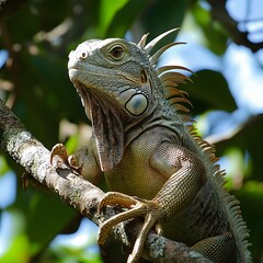 Fototapeta premium A lone iguana in the middle of a rainforest, basking in the sunlight while surrounded by tropical flora. 