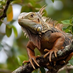 Obraz premium An exotic iguana with spikes along its back, sitting quietly in its rainforest habitat.