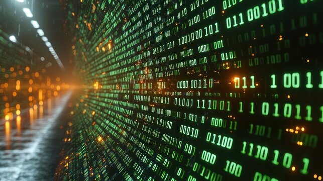 Binary code streams in dark cyberspace tunnel, data flow visualization