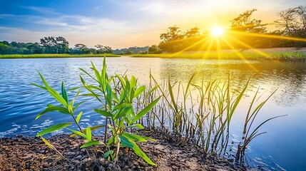 Sunrise Over Tranquil Waters and Greenery
