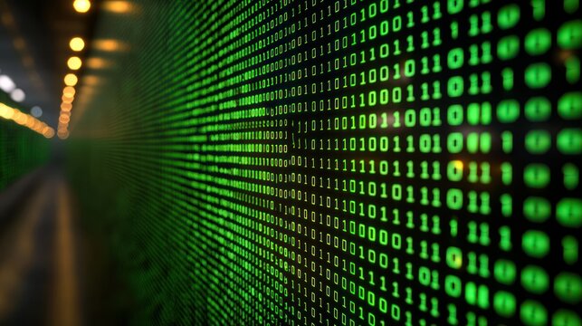 Binary code stream in dark server room tunnel for digital data security