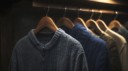 Fototapeta premium Beige and navy fashion Clothes on a clothing hanger,knitwear and hoodies on hangers,Minimal fashion clothes on a rack,Fashion blog, website, social media,store in shopping mall,sale online.