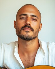 Obraz premium Timeless Acoustic Soul Reflective Portrait of Middle Eastern Indie Artist with Guitar - Wellness and Cultural Celebration for National Acoustic Soul Day