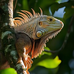 Obraz premium An iguana in its tropical rainforest home, climbing along a tree with its spiked crest standing out in the sunlight.
