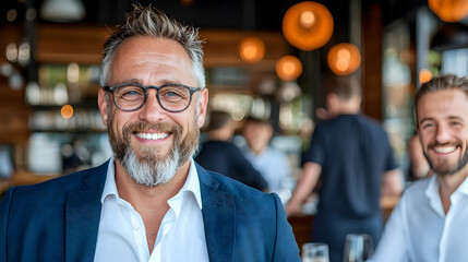 Obraz premium Smiling businessman meeting colleague cafe