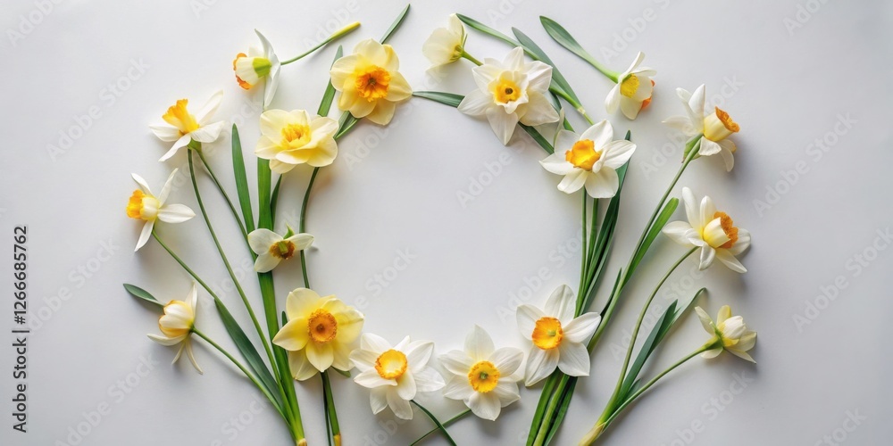 Poster a delicate circle of spring daffodils arranged on a pristine white background, perfect for a festive