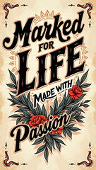 Fototapeta premium Vintage-inspired tattoo poster featuring “Marked for life, made with passion” in an old-school font, with classic tattoo flash elements.