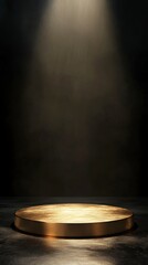 golden circular podium on the left side of an empty dark background, with light shining from above. 