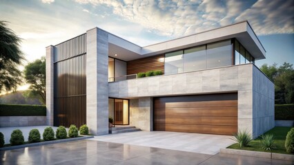Fototapeta premium Modern Architectural Design of a Luxurious Two-Story Residence with Attached Garage and Landscaped Grounds
