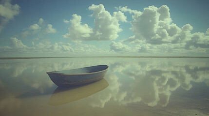 Calm lake, tranquil boat, serene sky, a peaceful scene, suitable for relaxation themes
