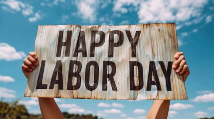Celebrating Labor Day with a joyful message held high against a bright blue sky and fluffy clouds