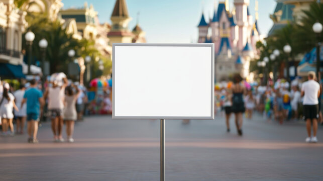 empty signboard stands in busy theme park, inviting creativity