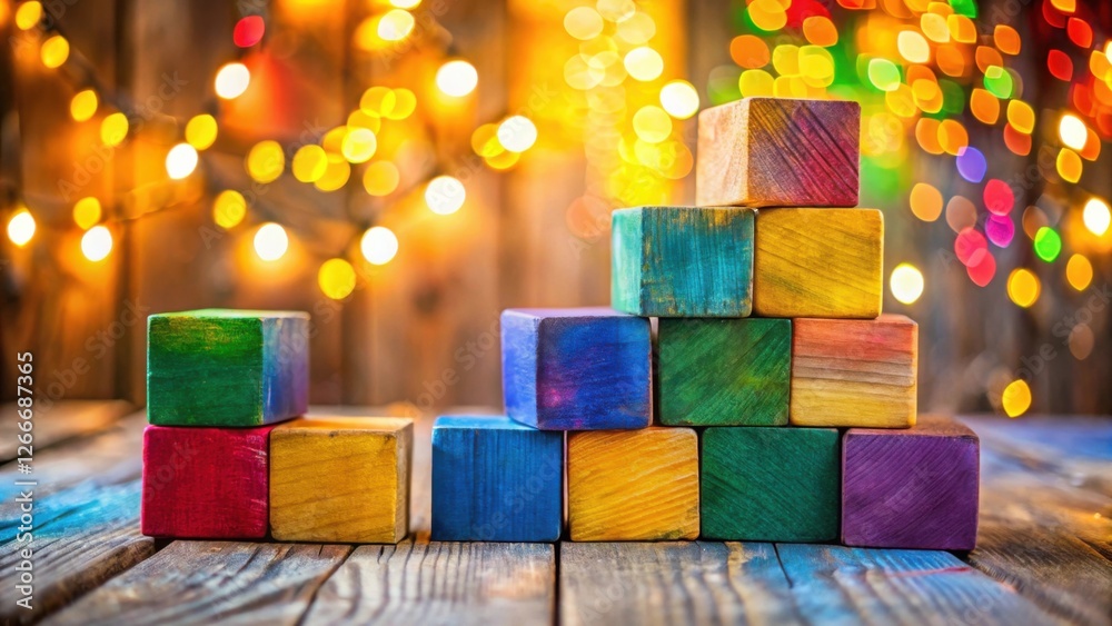 Aufkleber colorful wooden blocks arranged in a pyramid shape against a festive bokeh background