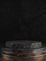 dark stone podium with golden trim, against a black background.