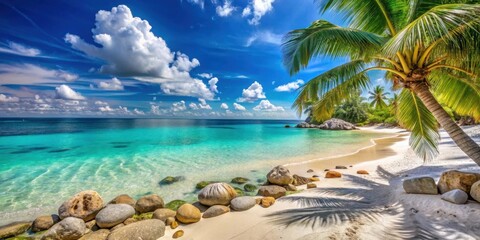 Serene Tropical Beach Scene with Palm Tree Shade and Clear Turquoise Water