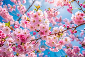 Obraz premium A tree with pink flowers is in the middle of a blue sky