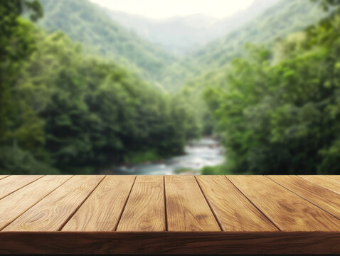 Wooden table with serene forest background and flowing river