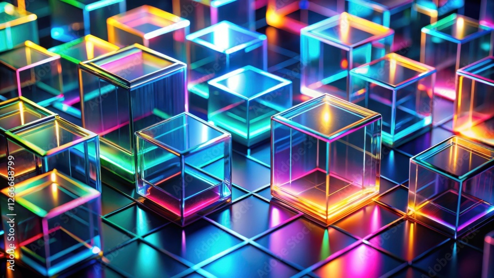 Poster abstract luminescent cubes illuminated by neon lights on a dark surface