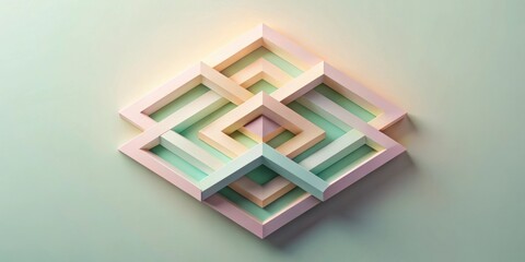 Abstract Pastel Geometric Interlocking Shapes Design Featuring a Complex Three Dimensional Pattern of Nested Squares and Triangles Creating an Intriguing Visual Puzzle