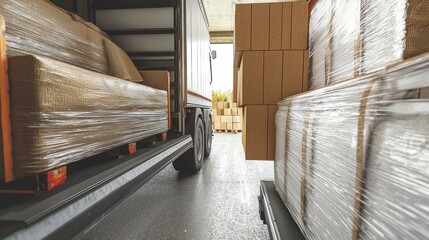 Moving furniture; truck unloading; warehouse background;  packed goods; for relocation/shipping