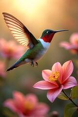 Ruby-Throated Hummingbird Hovering Nectar Gathering Against Pink Flower Backdrop