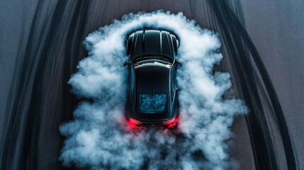Black car performing donuts, creating smoke, aerial view