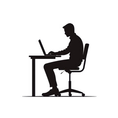 Isolated Silhouette of Man Working on Laptop at Desk, Side View