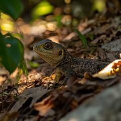 A cold-blooded lizard lounging in the sun, blending perfectly into its jungle habitat with its camouflage.