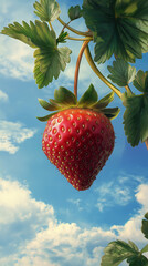Ripe Red Strawberry Hanging from a Plant Against a Bright Blue Sky with Fluffy White Clouds, Fresh Organic Fruit Growing in Natural Garden Environment on a Sunny Day