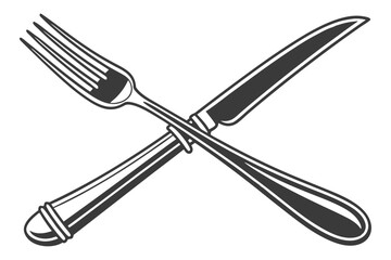  A simple, minimalist illustration of a fork and knife, both black and outlined in white, on a white background. The fork has four tines and the knife has a rounded tip. The objects are centered and