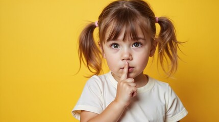 Fototapeta premium Young girl making a shushing gesture in front of a bright yellow background during a playful moment of quietness