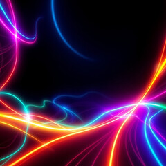 Obraz premium A dynamic burst of colorful light trails converge and swirl against a dark background, resembling a luminous network or energy flow.