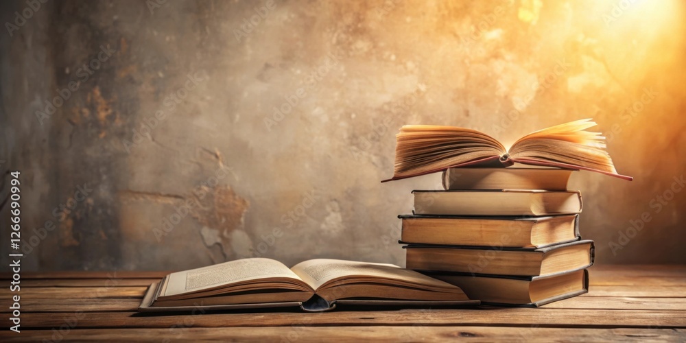Aufkleber A Stack of Vintage Books with an Open Book on a Wooden Table Against a Textured Wall Illuminated by Warm Light