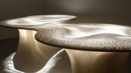 Illuminated organic form table with textured surface.