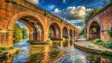Fototapeta premium Serene waterway flowing beneath an aged brick arch bridge, reflecting the sunlit sky and clouds
