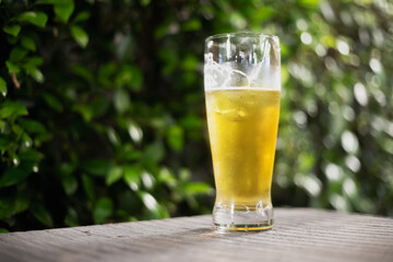 Beer glass on wooden board . Blurred background party party. Cold beer.
