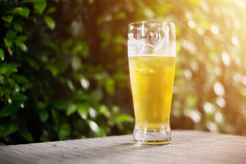 Beer glass on wooden board . Blurred background party party. Cold beer.
