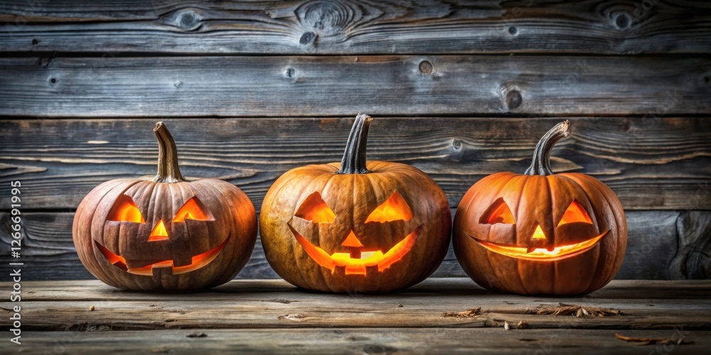 Poster Illuminated Jack-o'-lanterns rest on a rustic wooden surface, creating a spooky yet festive autumnal atmosphere.