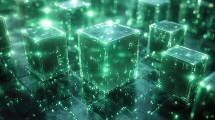 A vibrant, abstract representation of a cityscape made up of illuminated geometric blocks.