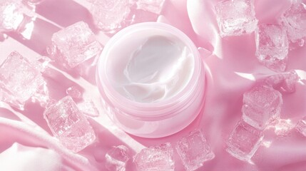 Opened jar of cosmetic cream in clear splashing blue water surface,lotion,toner, skin care,Natural cosmetic products for protecting and nourishing skin of face,copy space.