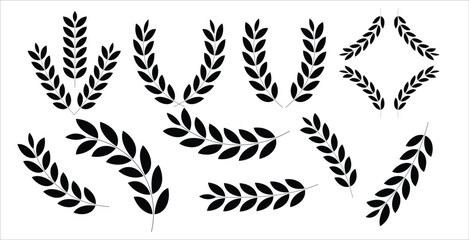 Laurel wreath Set, Black circular laurel olive branches greek wreath. Black Chaplet Nominate Winner Silhouette Icon Set. Trophy crest. Greek olive branch award, winner round emblem