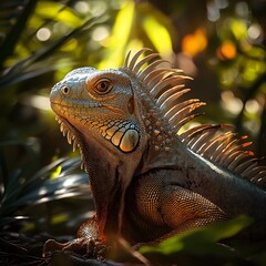 Fototapeta premium A serene iguana in its natural habitat, basking under the sun with the forest's exotic wildlife in the background.