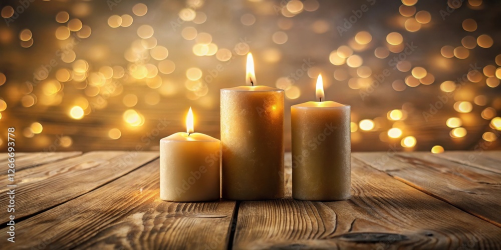 Aufkleber illuminated candles on rustic wooden table with golden bokeh background