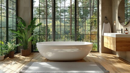 Fototapeta premium Serene Bathroom Oasis: Modern Design Meets Nature's Embrace
