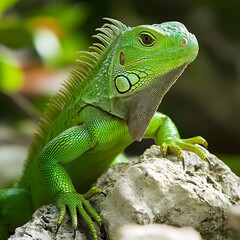 Fototapeta premium A slow-moving iguana with bright green skin, gracefully climbing over rocks in its lush, tropical habitat.