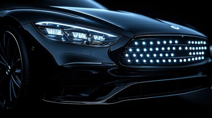 Black luxury car with LED grill headlights in dark studio